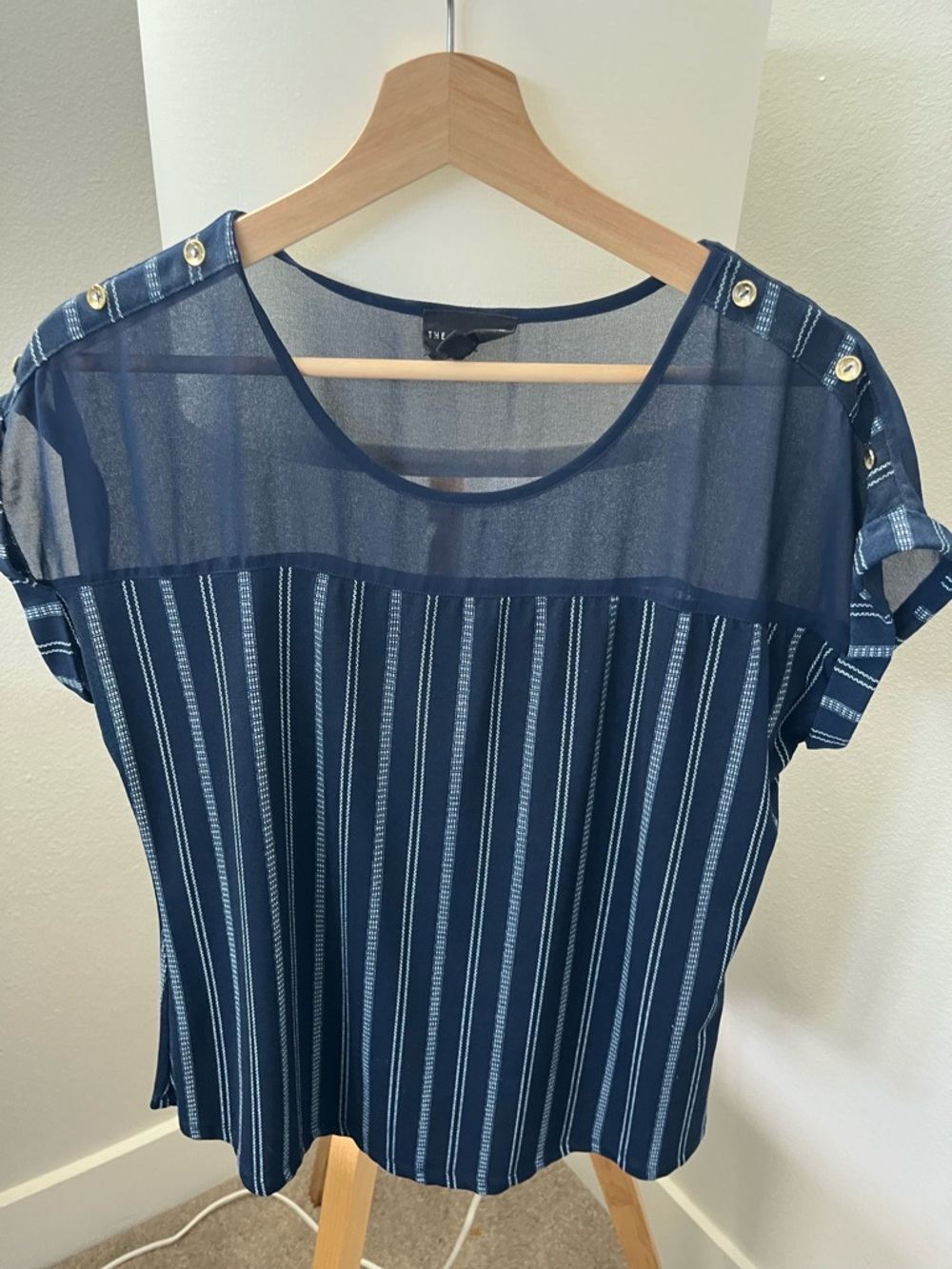 Workshop Republic Clothing Navy and White Striped Sheer Yoke Top